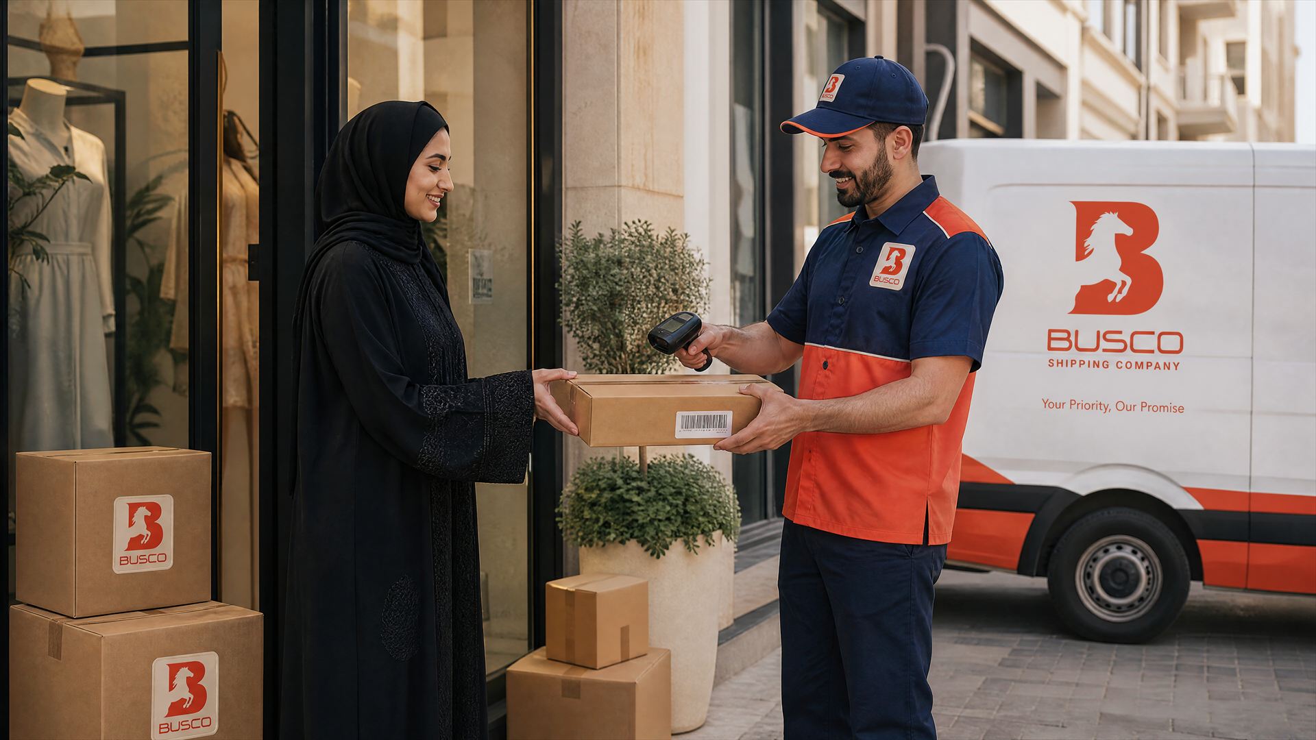 Busco Shipping courier handing a parcel to a customer at their door