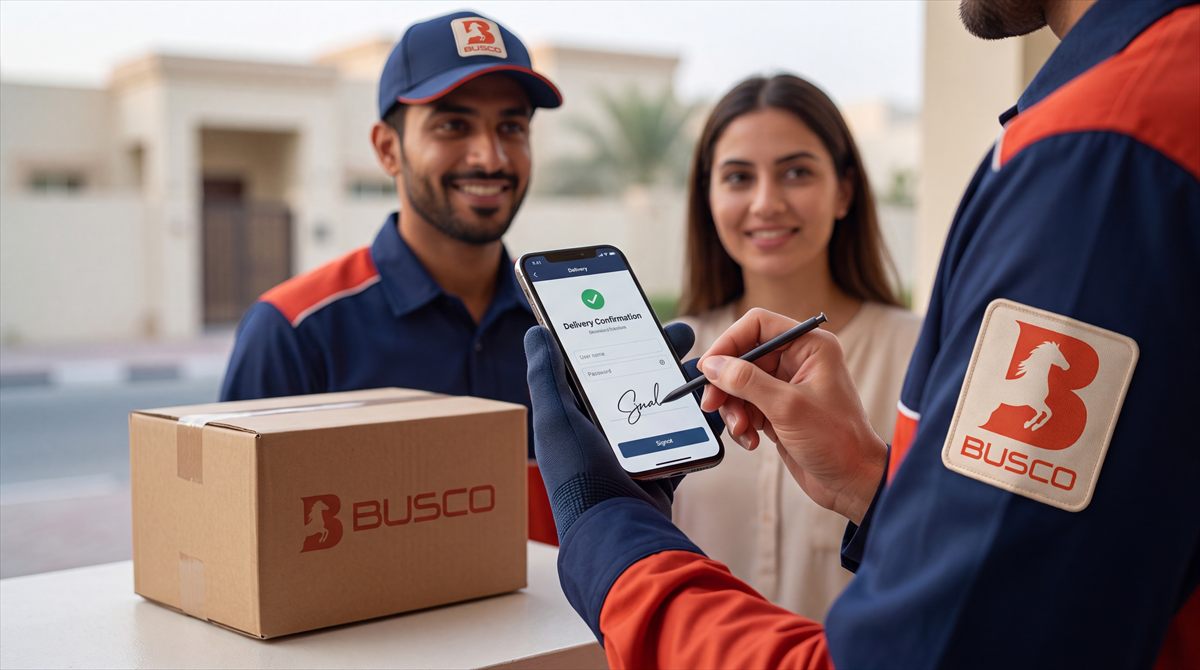 Busco Shipping courier capturing proof of delivery with a customer