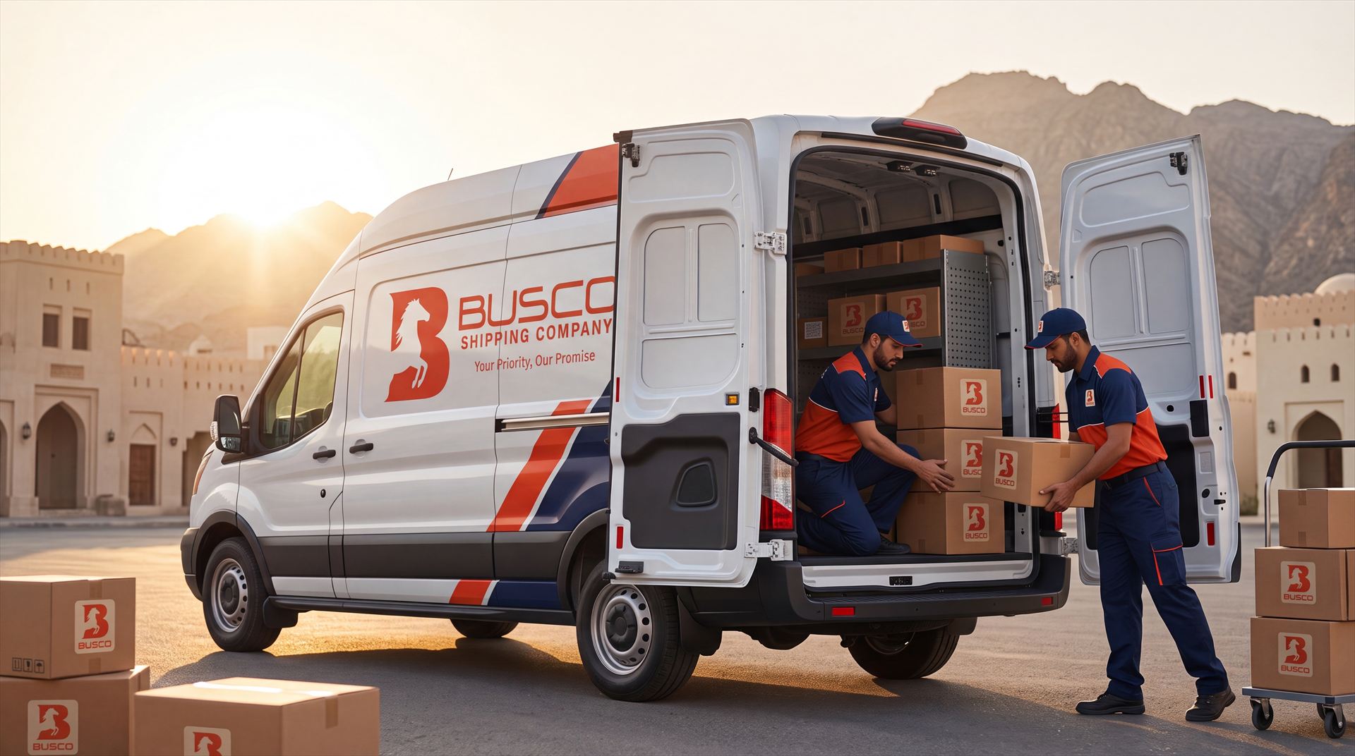 Busco Shipping crew loading a branded delivery van