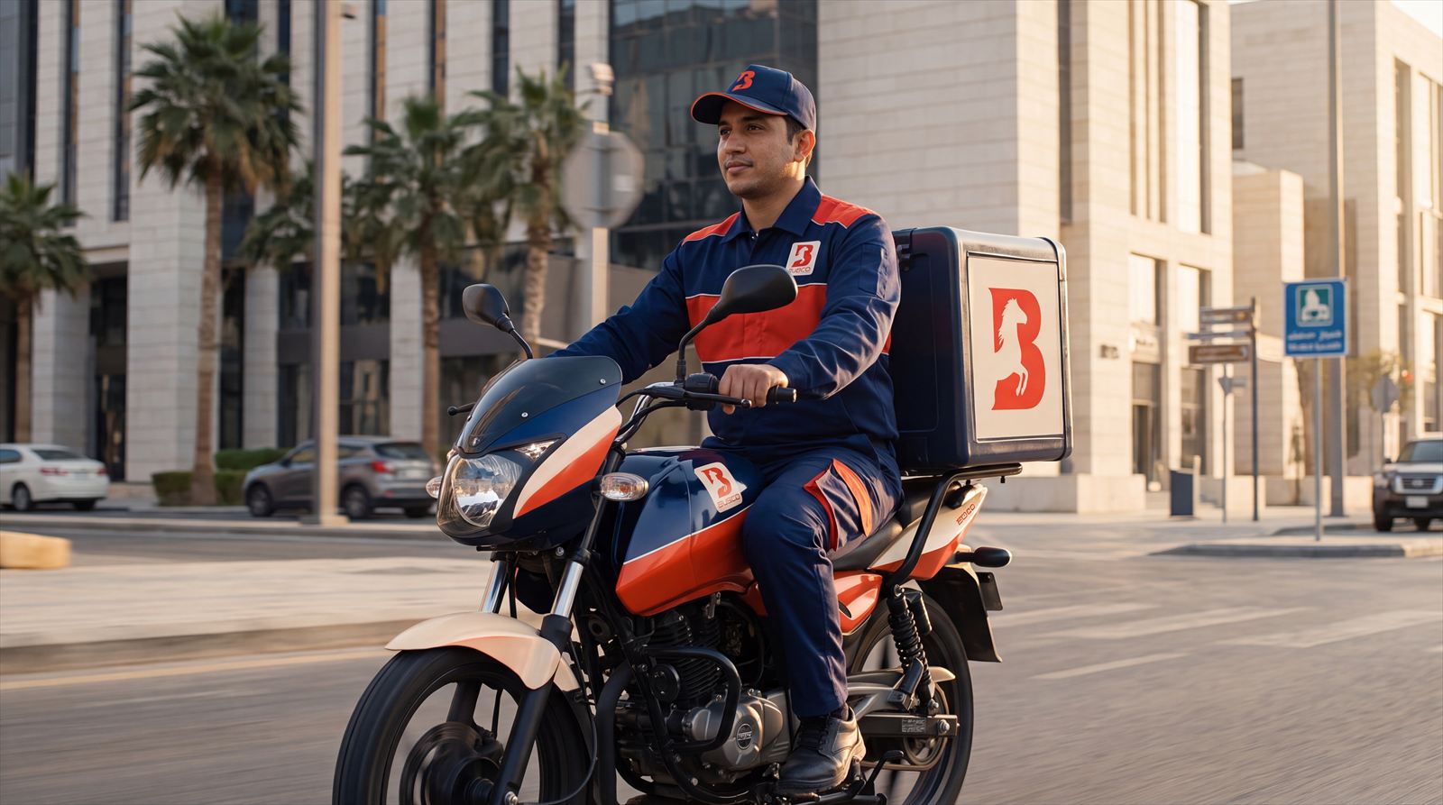 Busco Shipping rider on a branded delivery bike