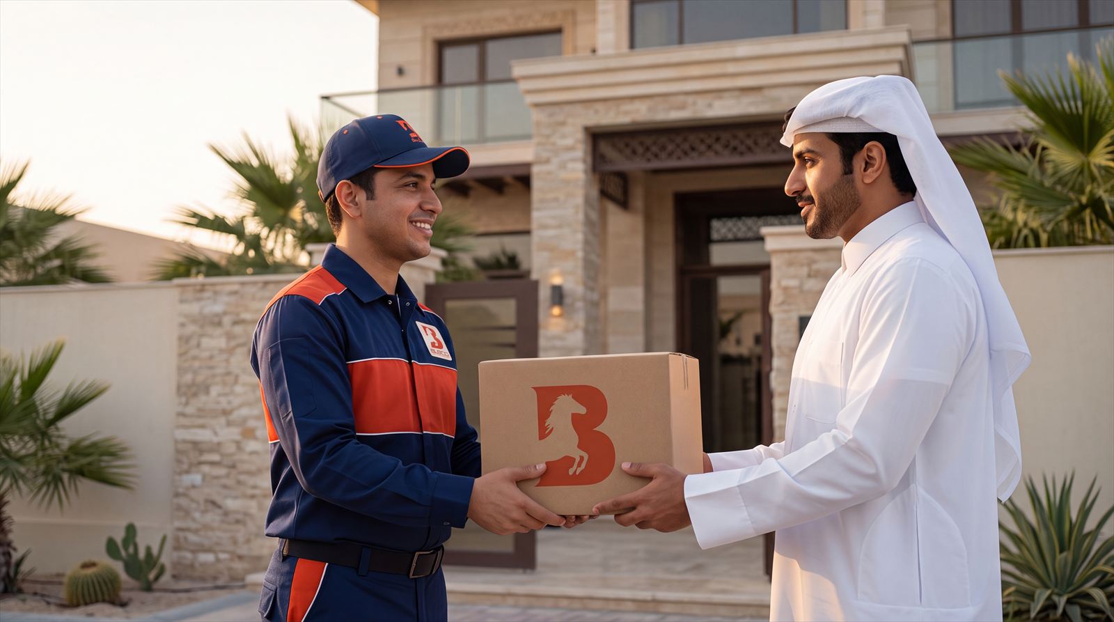 Courier handing a parcel to a customer