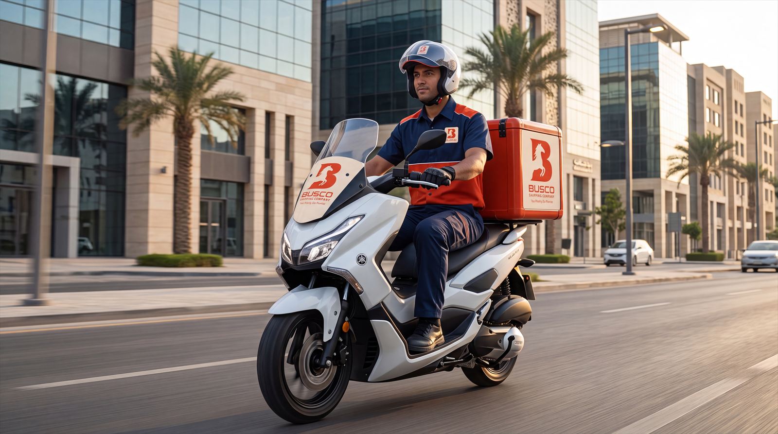 Busco Shipping rider on a delivery run