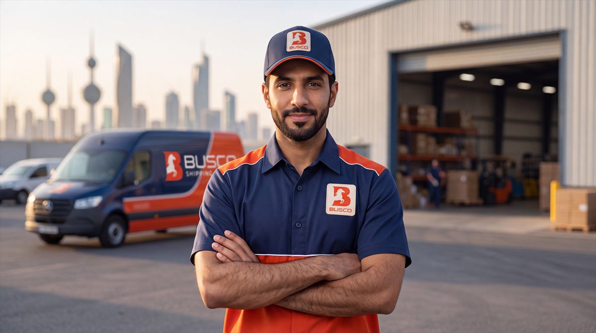 Busco Shipping courier in front of a branded delivery van